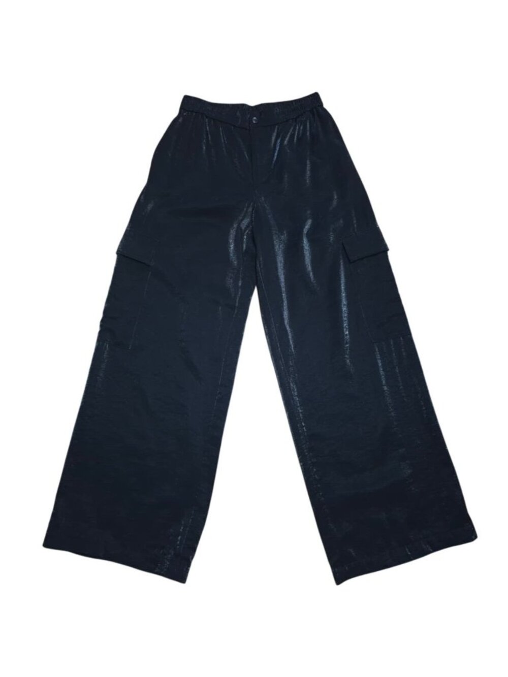 WAYF Wide Leg Cargo Pants XS Black Shimmer Elastic Waist Rayon Blend